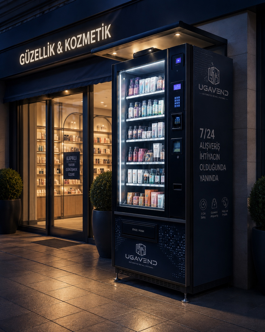 Kozmetik mağazası cephesinde kurulu UGAVEND satış noktası