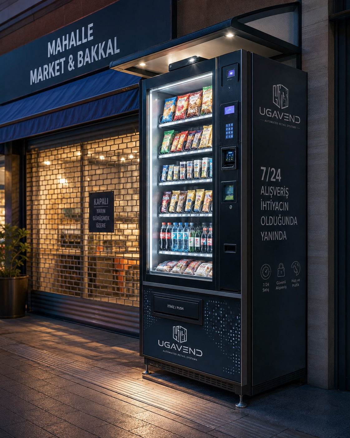 Mahalle market cephesinde kurulu UGAVEND otomatik satış noktası